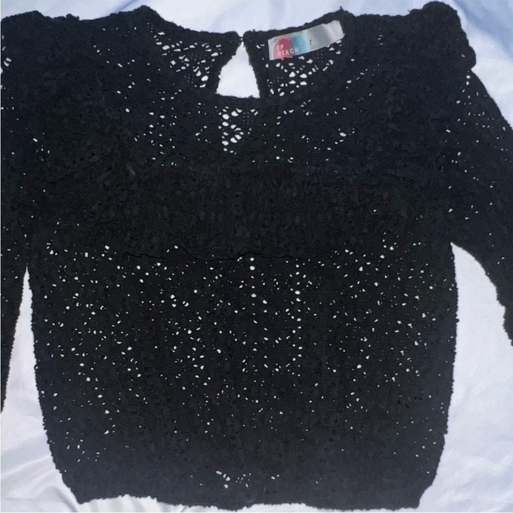 Free People FP Beach Feel The Love Black Crochet Long Sleeve Ruffle Top Small - Picture 5 of 15